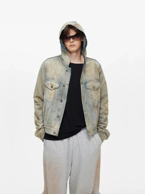 Washed denim jacket and hooded jacket for women