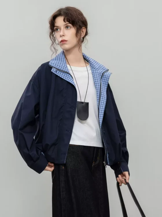 A loose coat with a checkered patchwork design