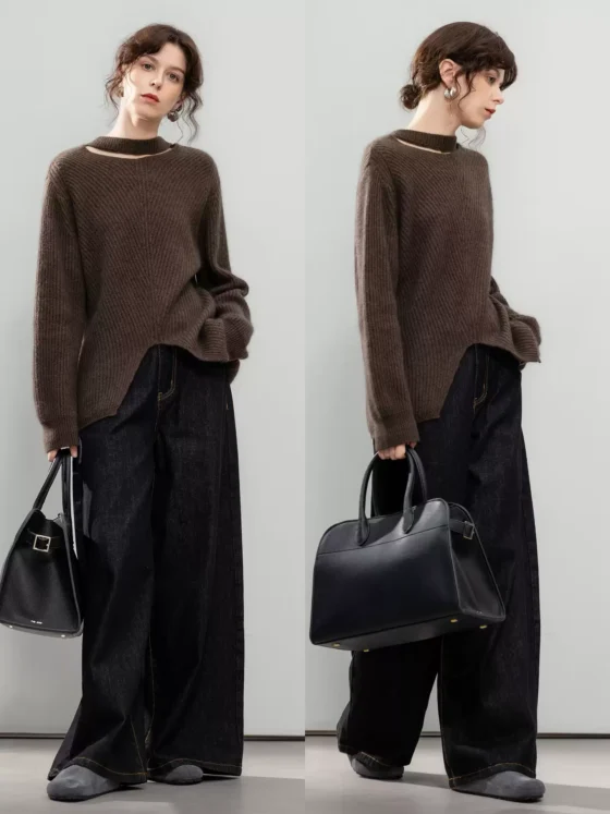 Elegant cut-out semi-high-neck sweater for women