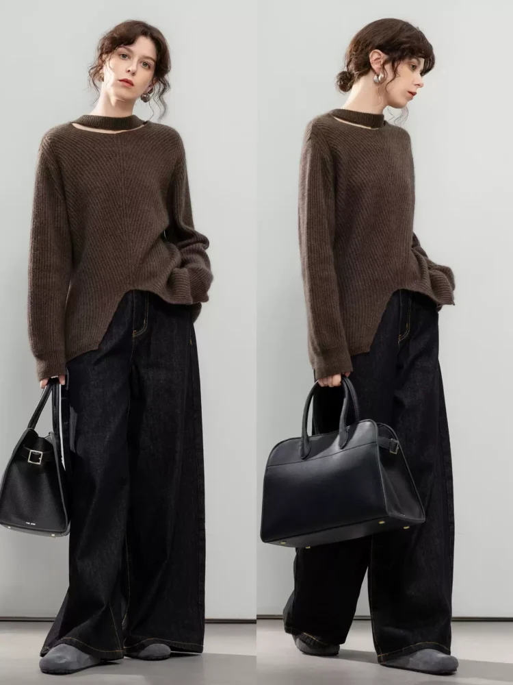 Elegant cut-out semi-high-neck sweater for women