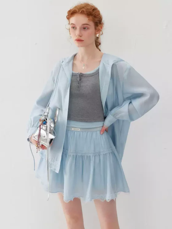 Hooded shirt and pleated skirt two-piece set