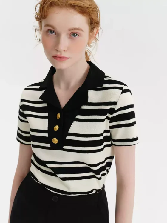Women's striped knitted POLO short-sleeved shirt