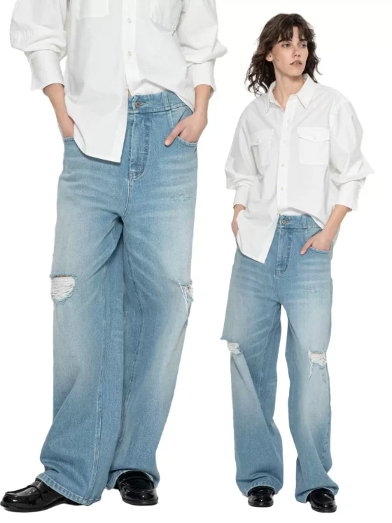 New ripped jeans, loose, light-colored straight-leg pants