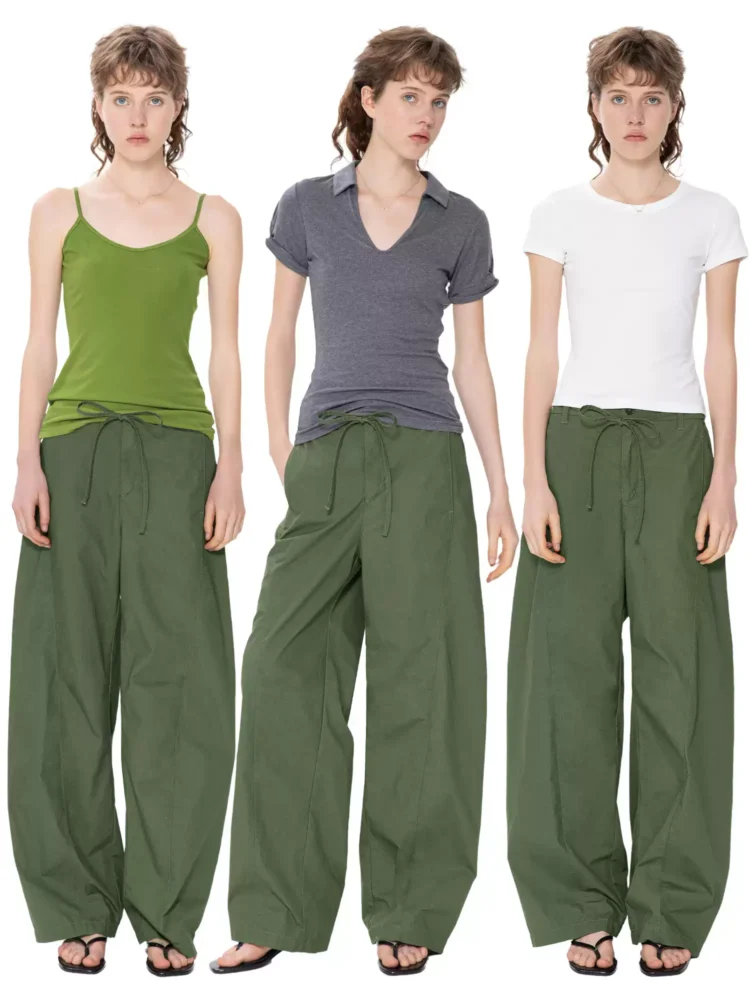Thin wide-leg pants, green work pants for women