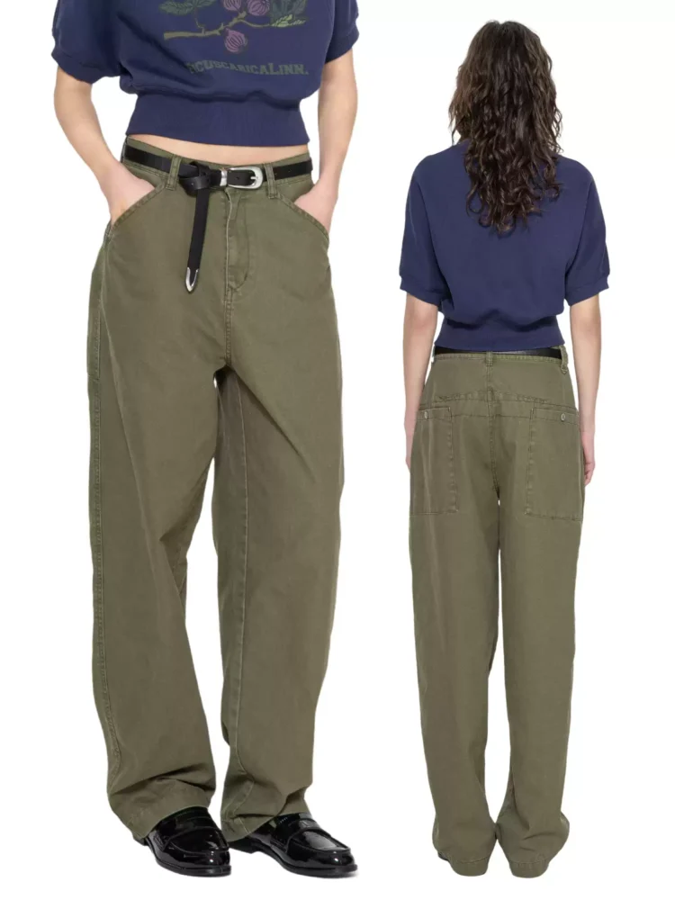 Green washed work pants for women