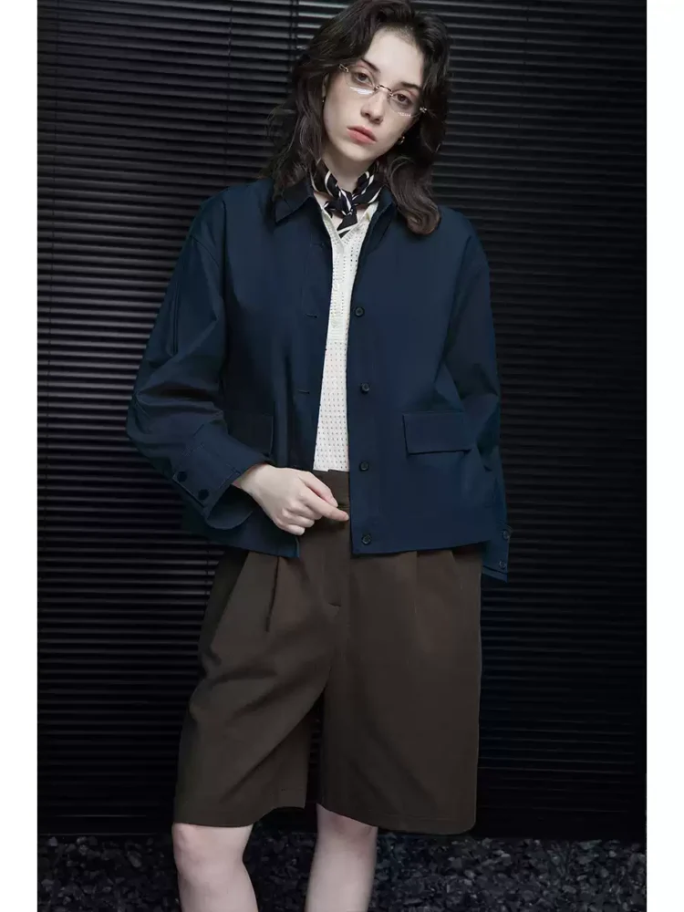 A navy blue spring lapel jacket for women