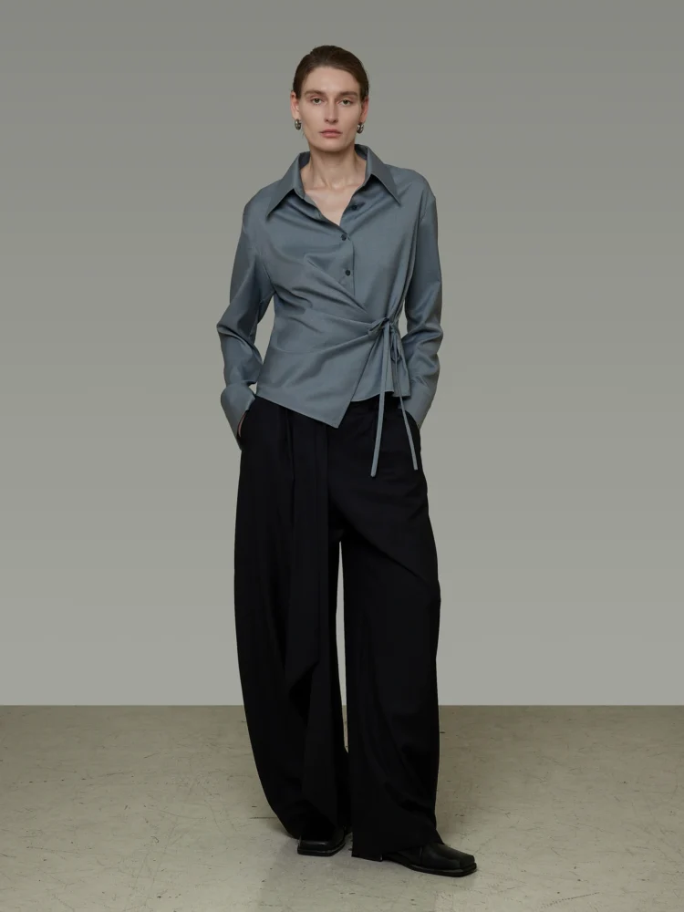 Asymmetrical lace-up waist shirt for women