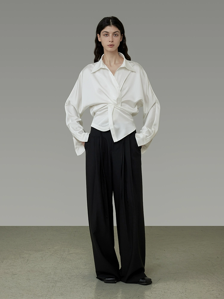 A French satin V-neck twisted shirt for women