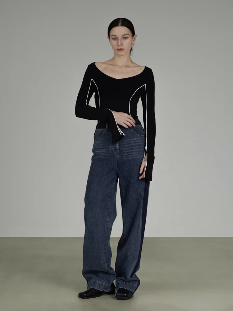 Patchwork vintage high-waisted straight-leg jeans