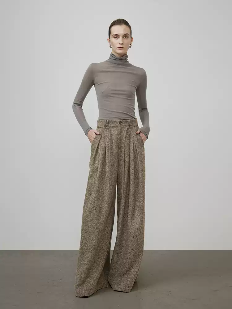 Women in tweed drawstring wide-leg pants