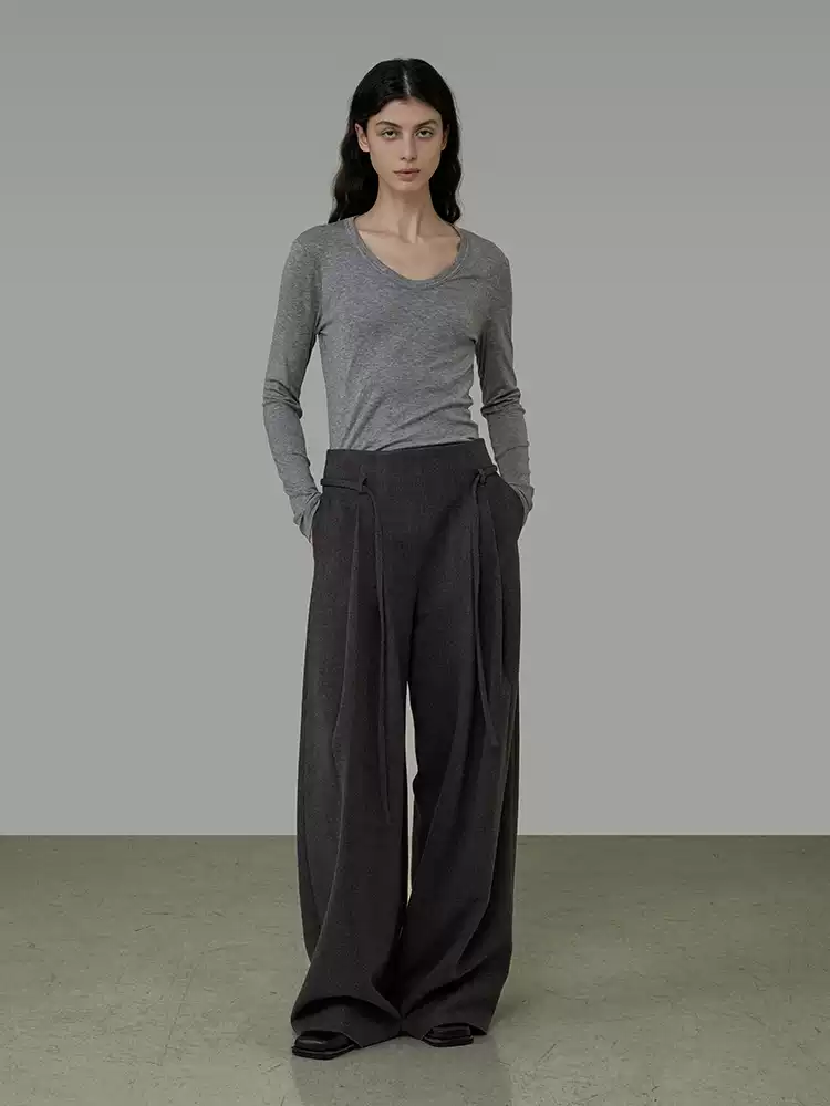 Minimalist lace-up double-pleated wide-leg pants