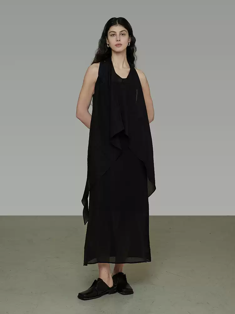 Elegant V-neck double-layer halter dress