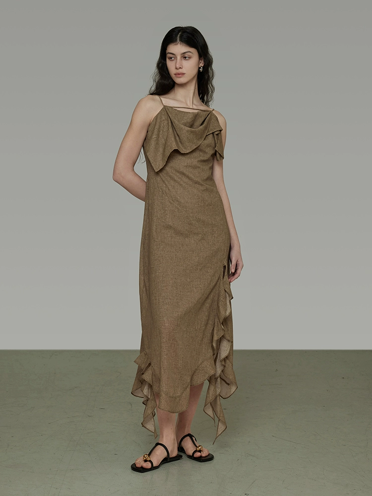 Asymmetrical ruffled halter dress