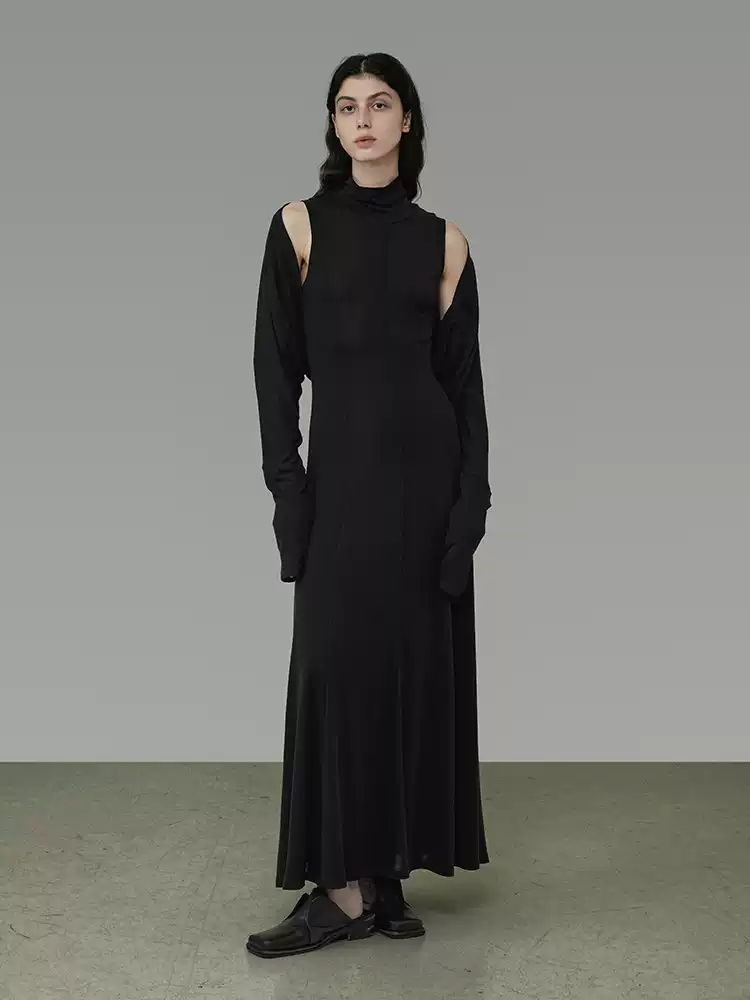 A semi-high-necked, form-fitting base dress