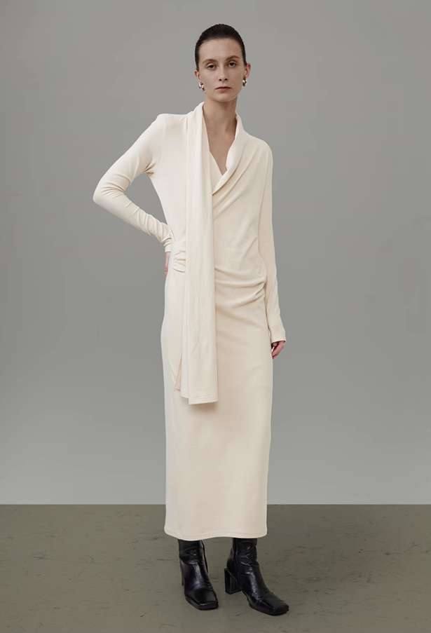 French swing neck ribbon knitted dress