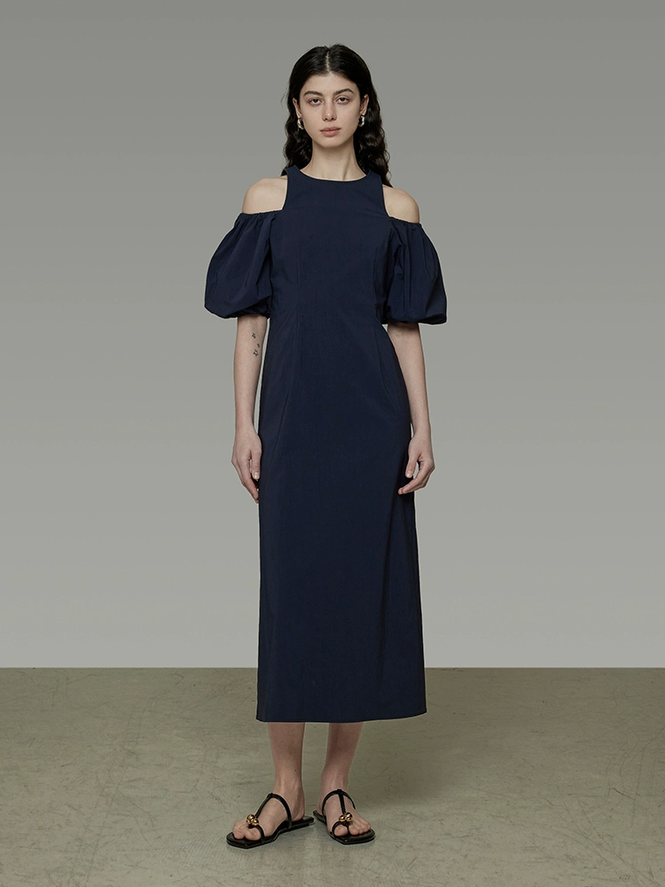 Navy blue fitted puffed-sleeve dress