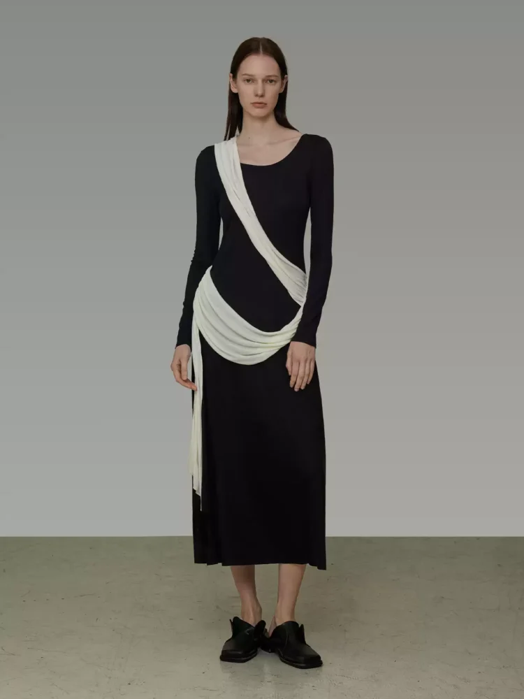 Minimalist color-blocking ribbon long-sleeved dress