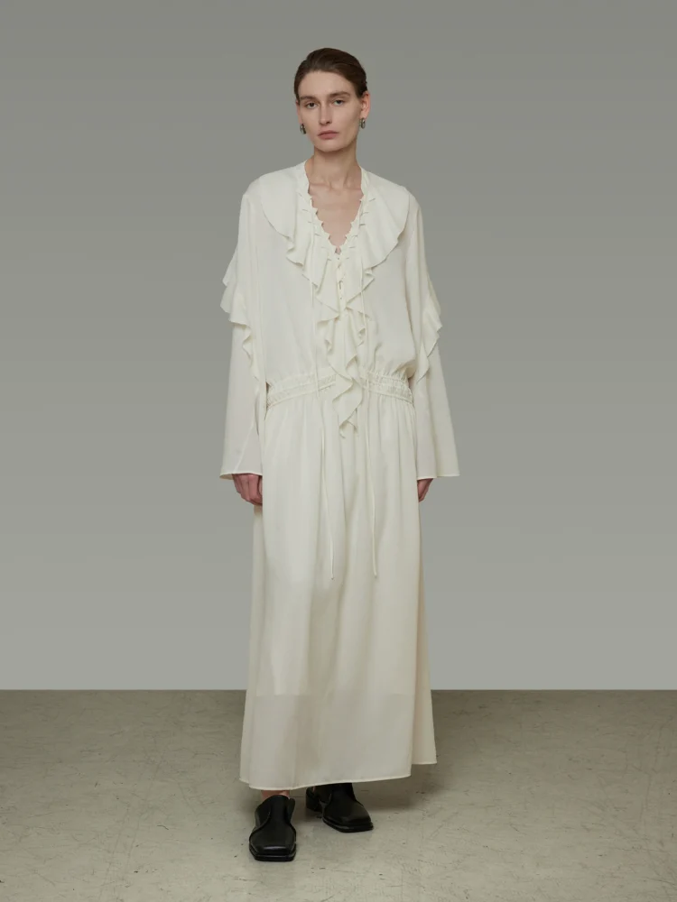 Design sense ruffled V-neck dress