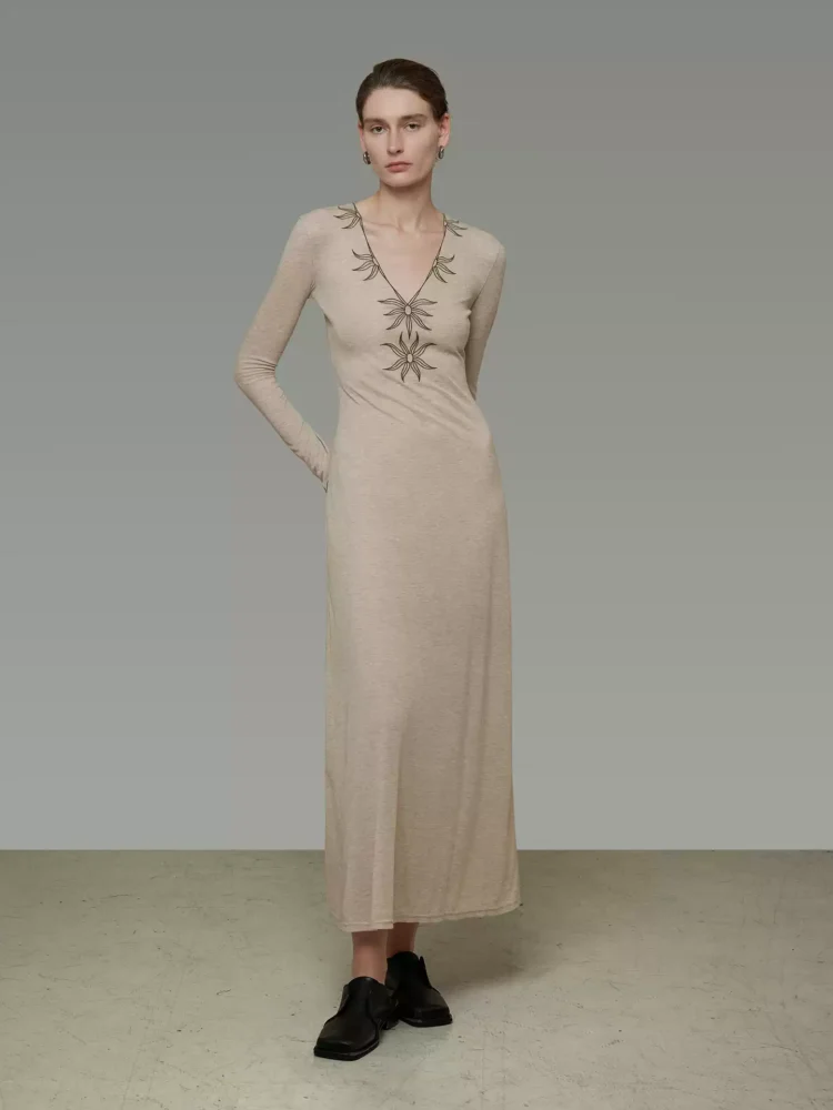 Embroidered V-neck fitted dress for women