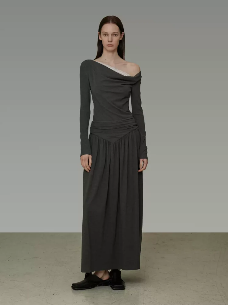 Lace-stitched off-the-shoulder knitted dress for women