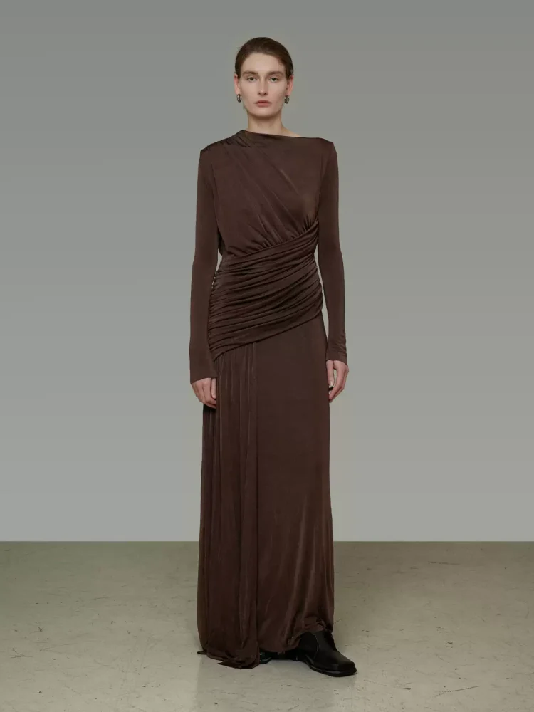 French retro asymmetrical neckline dress