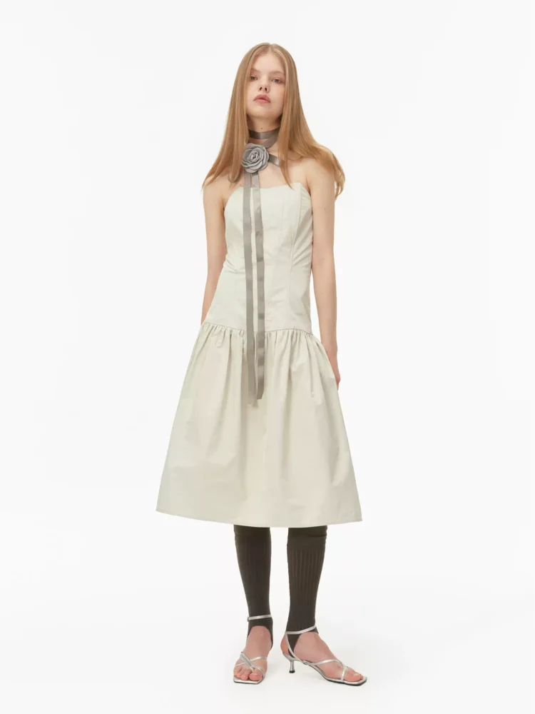 French-style large hemline halter A-line dress