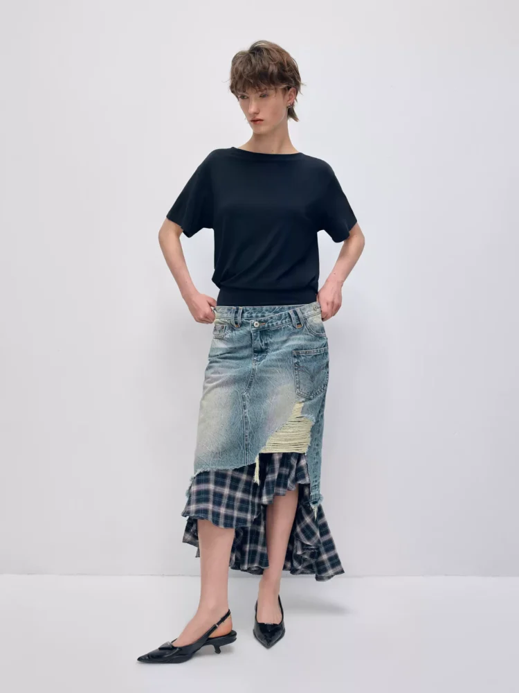 Irregular checkered patchwork denim skirt