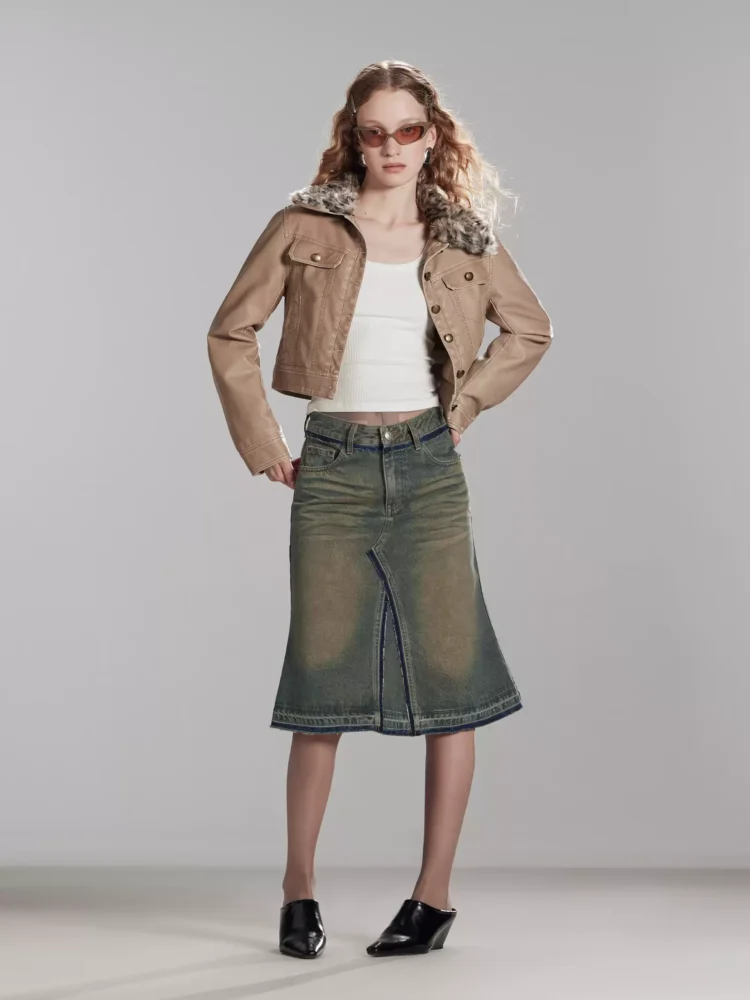 Low-waisted A-line skirt with patchwork fringes