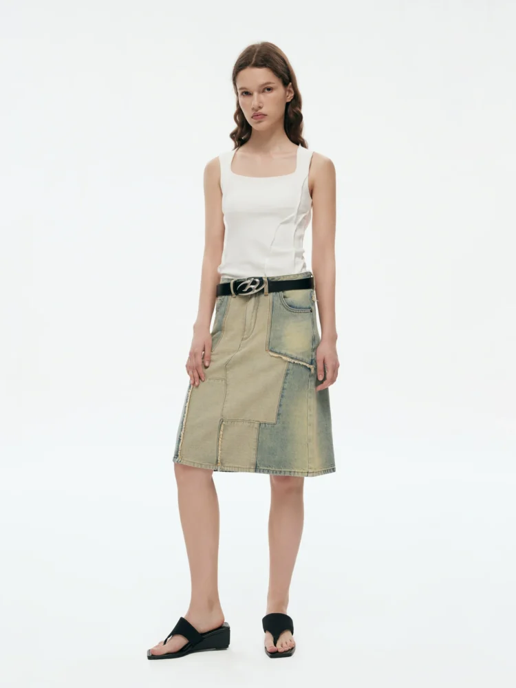 Patchwork washed denim skirt for women