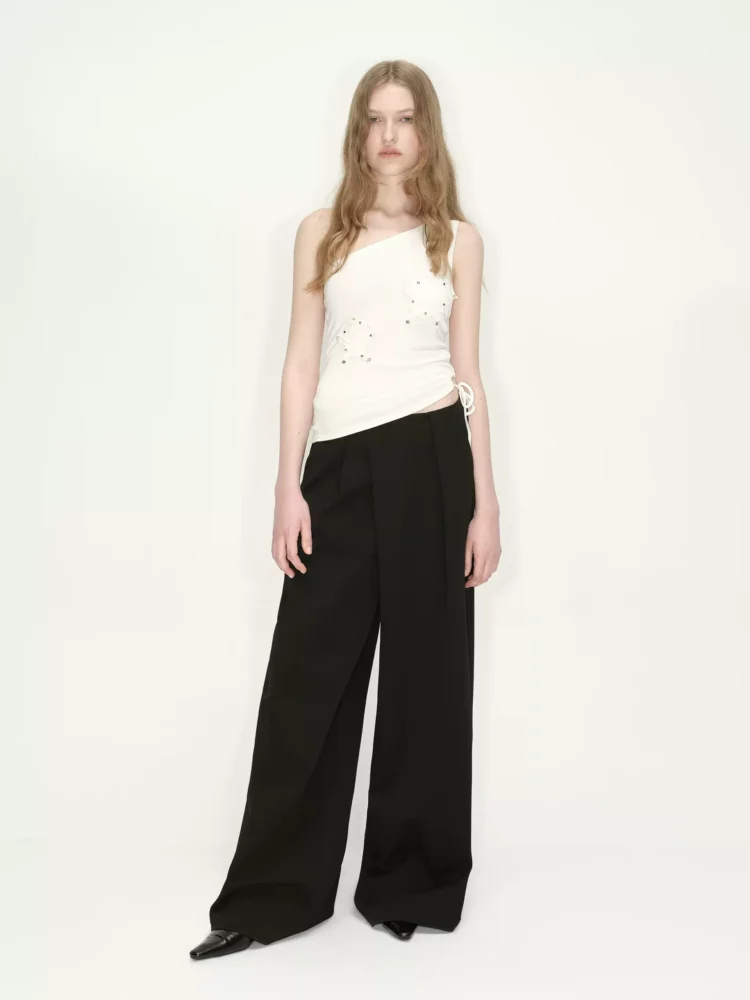 Crisp black waist-free suit pants