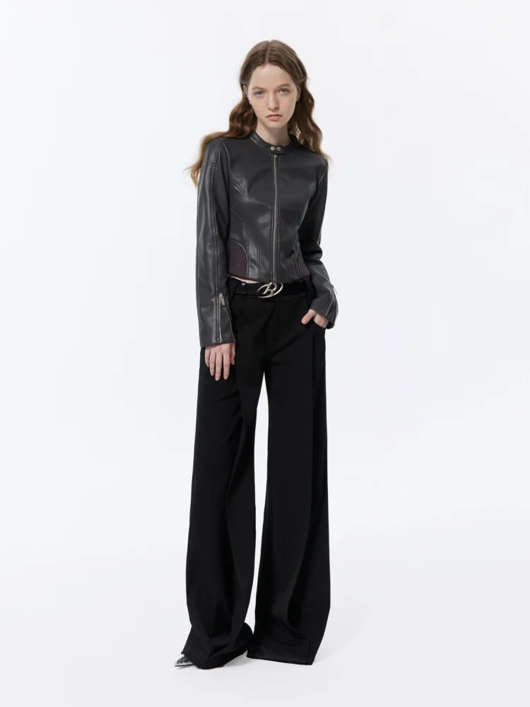 Black casual pants with low waist and drape for women