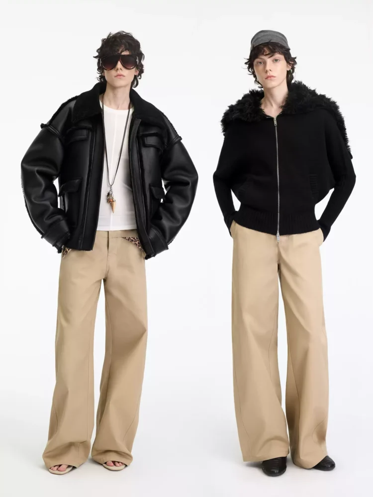 Khaki pure cotton and leopard print curved knife casual pants