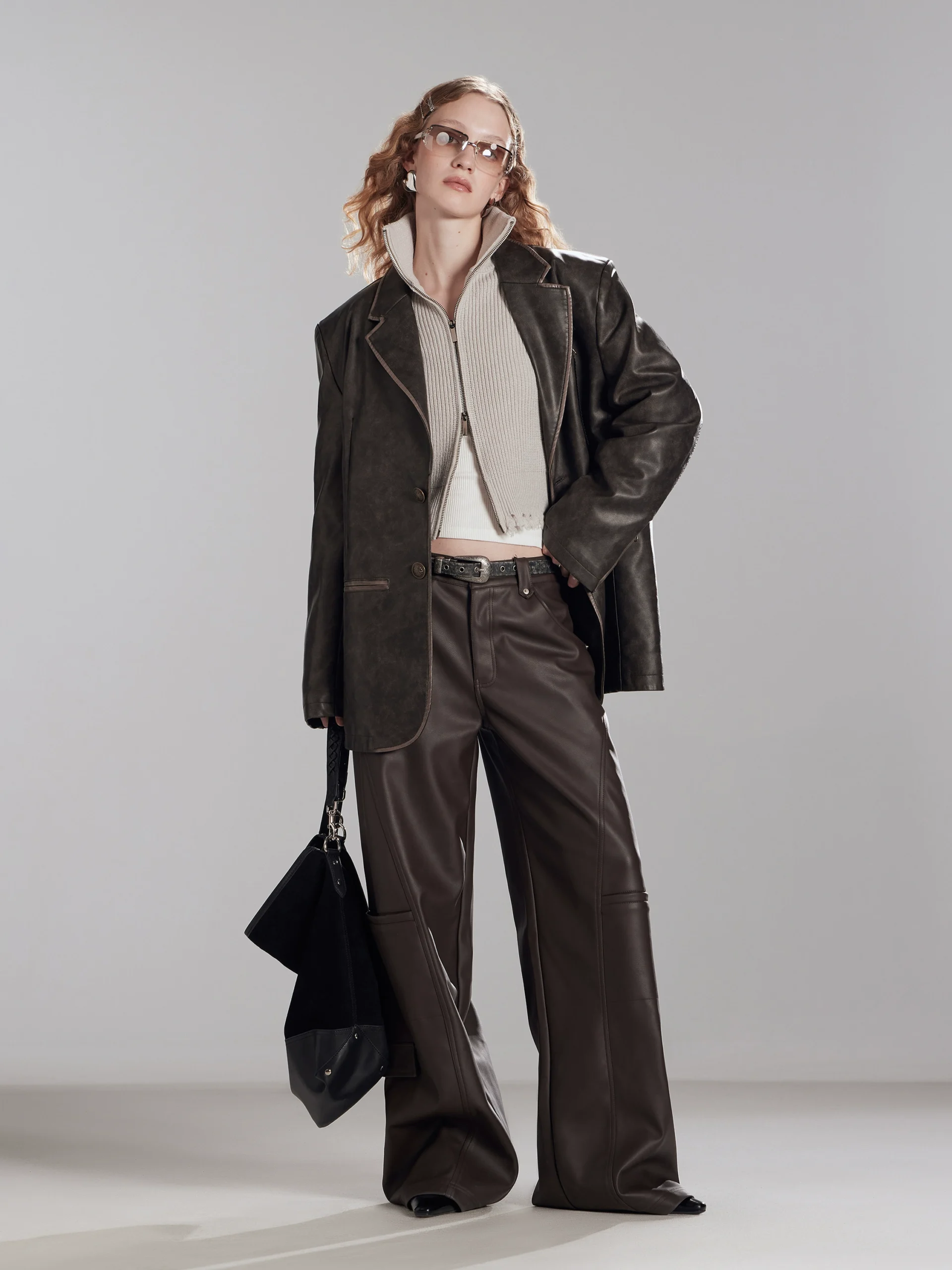Brown low-rise matte pu leather pants