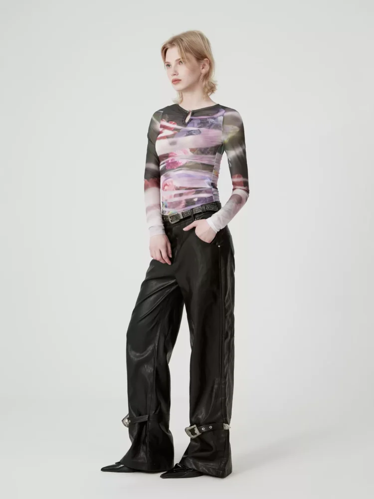 Black pu leather pants, low-waisted wide-leg pants
