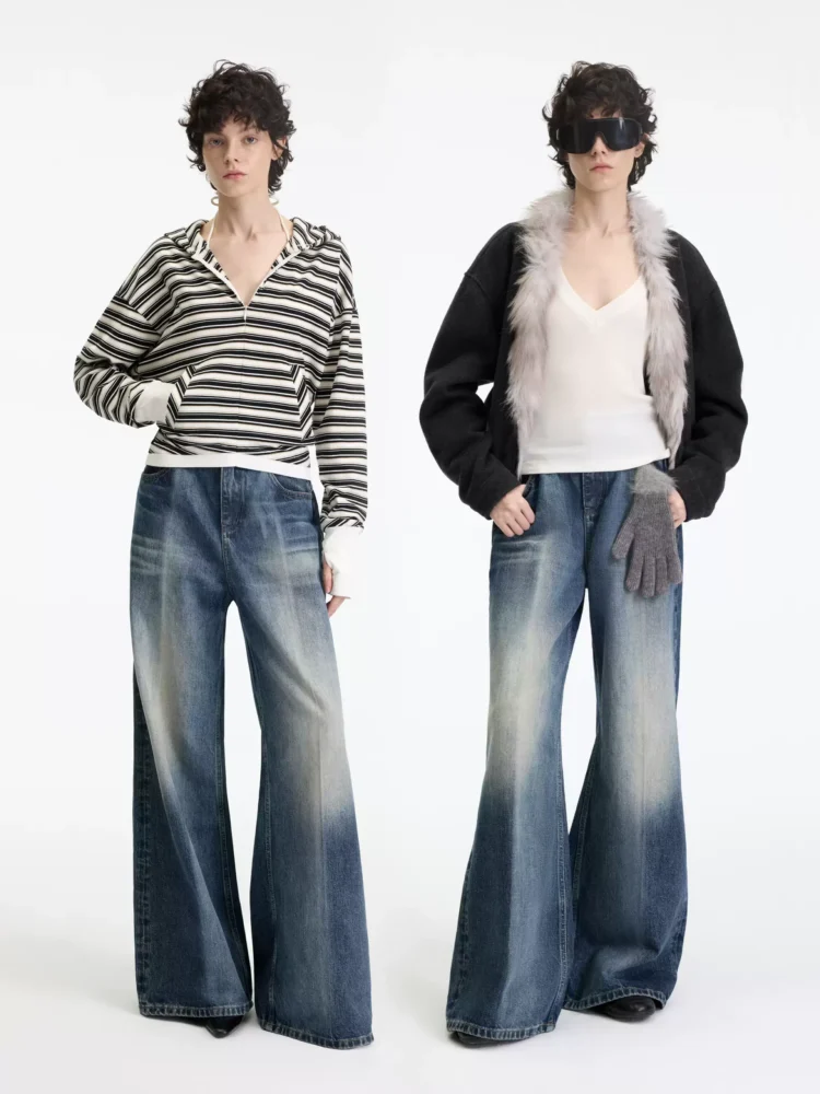 Ice blue laser-washed mid-low rise jeans for women