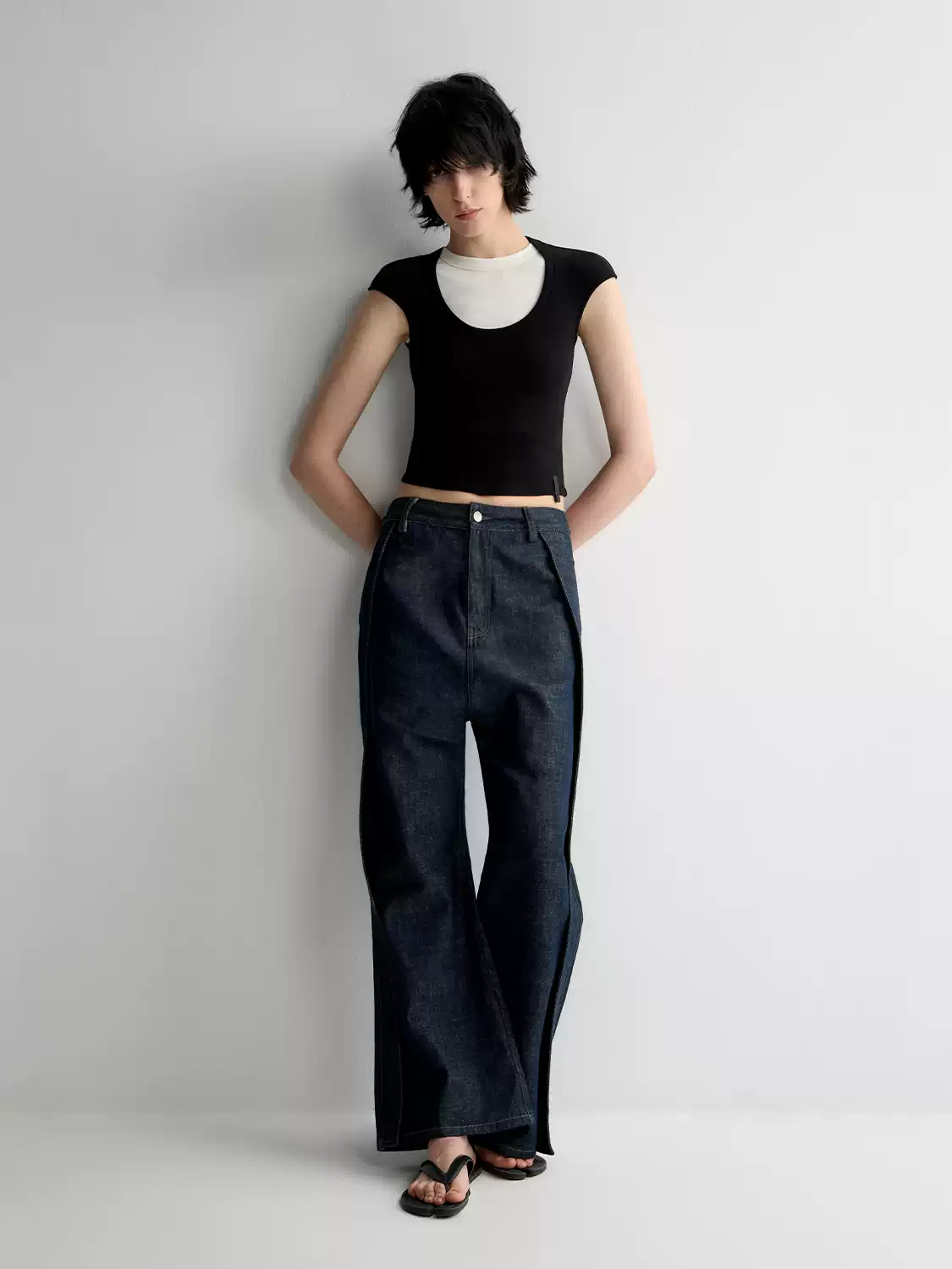 Design sense inverted pleated denim trousers