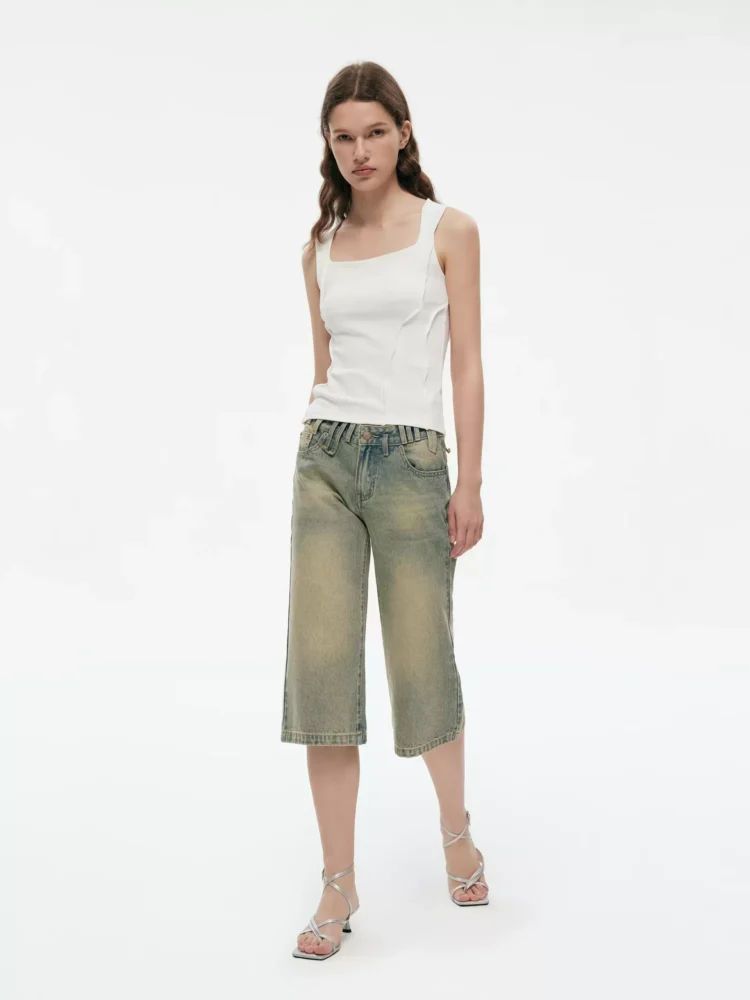 Original retro washed denim capri pants for women