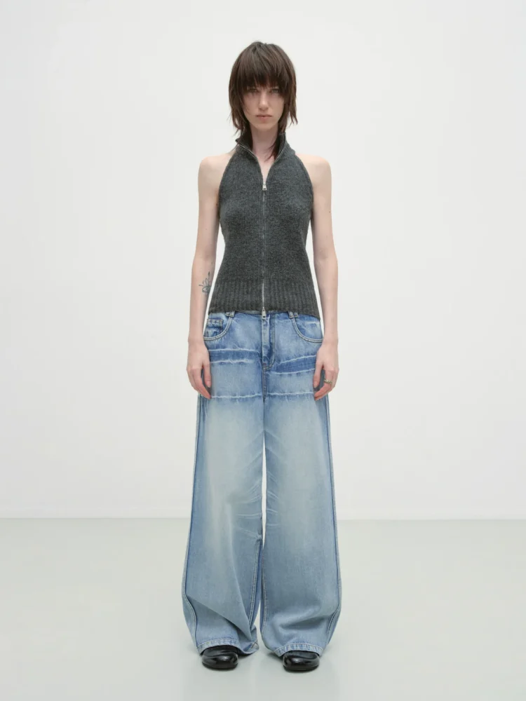 Retro-style tie-flower cat whiskers washed jeans