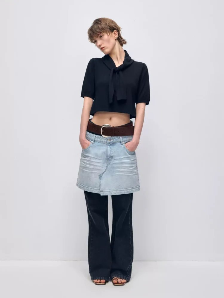 Two fake pieces of denim culottes are layered