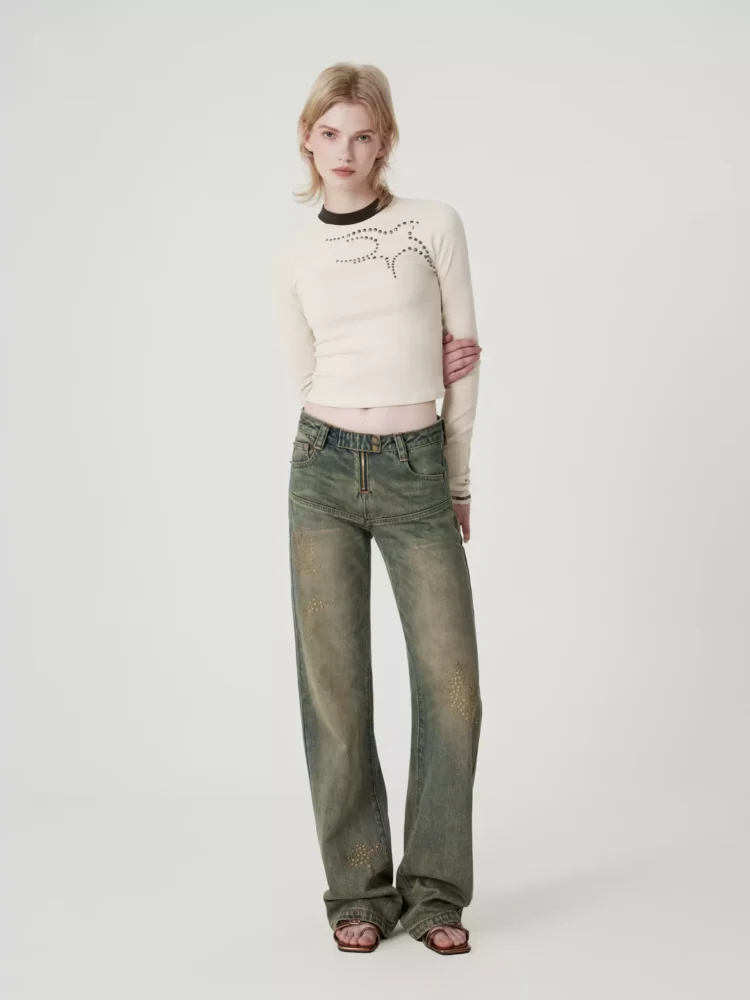 Low-waisted bronze rose rhinestone jeans