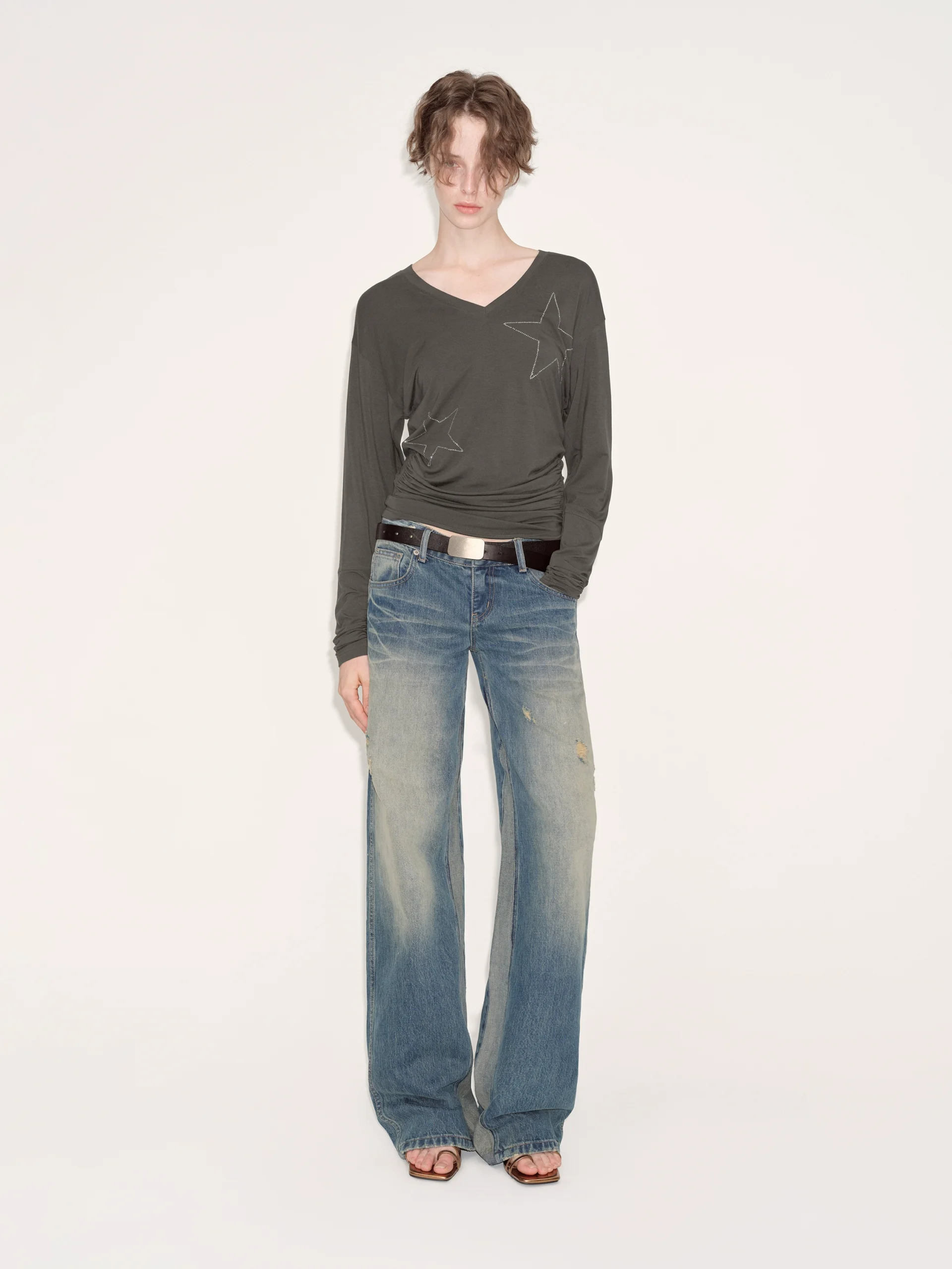 Design-savvy patchwork distressed washed jeans