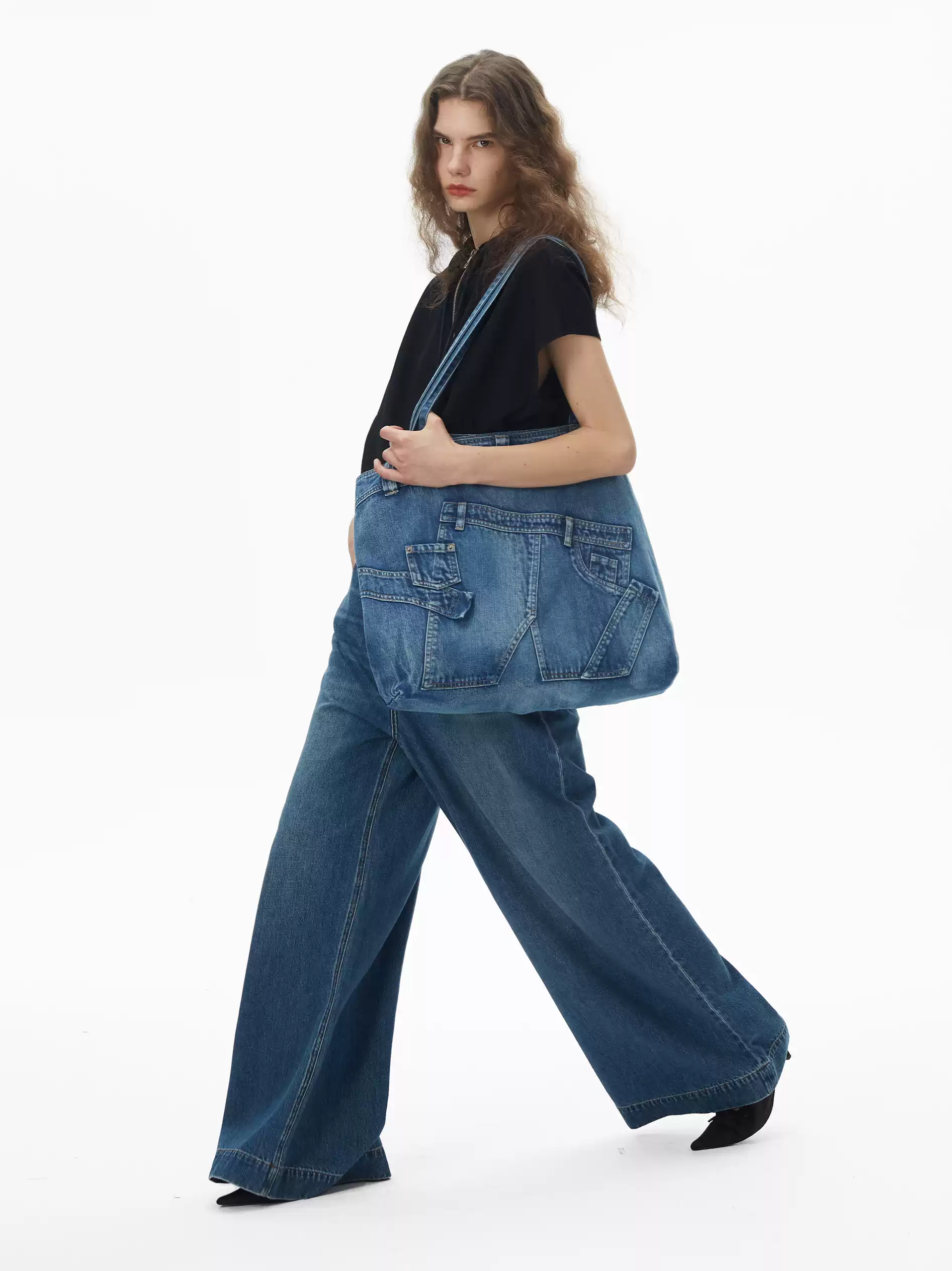 Retro thick-thread embroidered wide-leg jeans