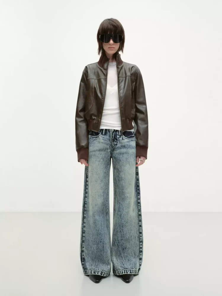 Retro waist-free snowflake washed jeans for women