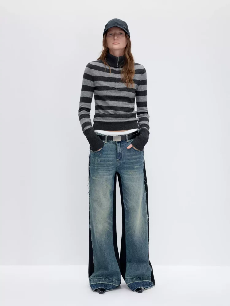 Retro color-blocking and patchwork loose fringed jeans