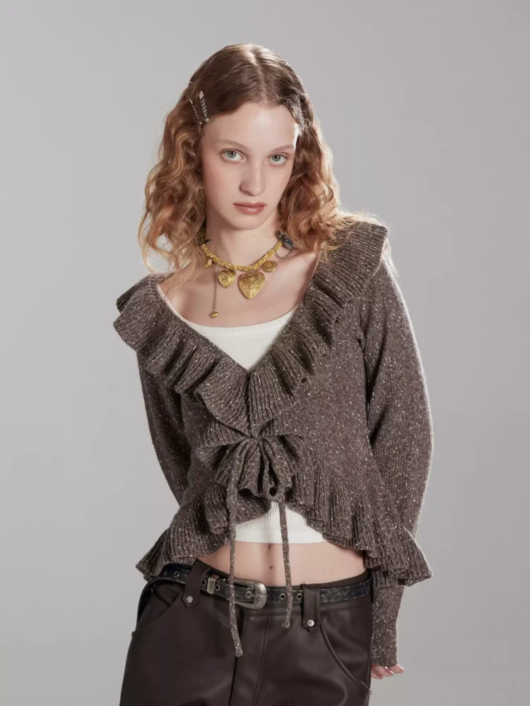 Ruffled lace-up slim V-neck short knitted cardigan