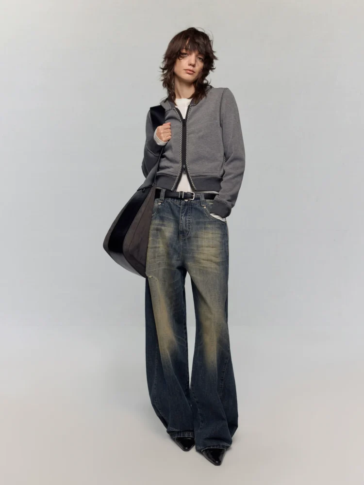 Low-waisted bamboo-jointed loose wide-leg jeans