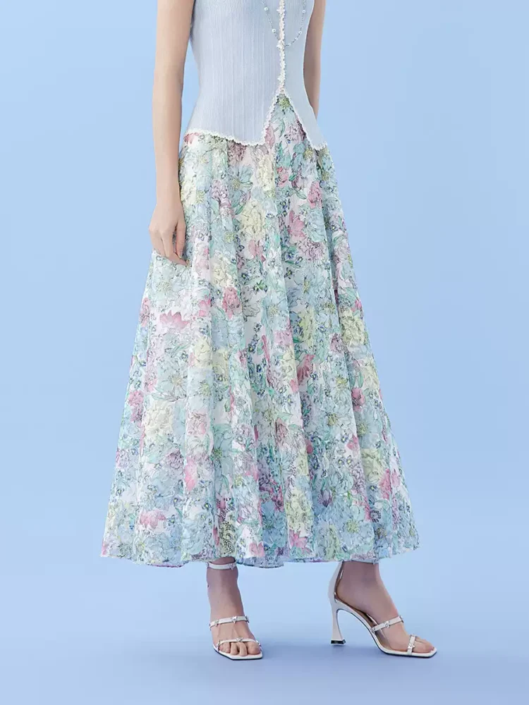 New lace floral print A-line skirt