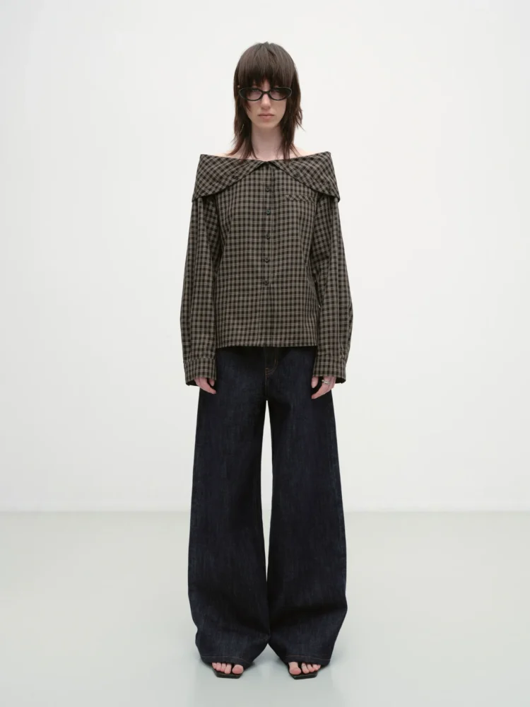 A design sense one-shoulder lapel check shirt for women