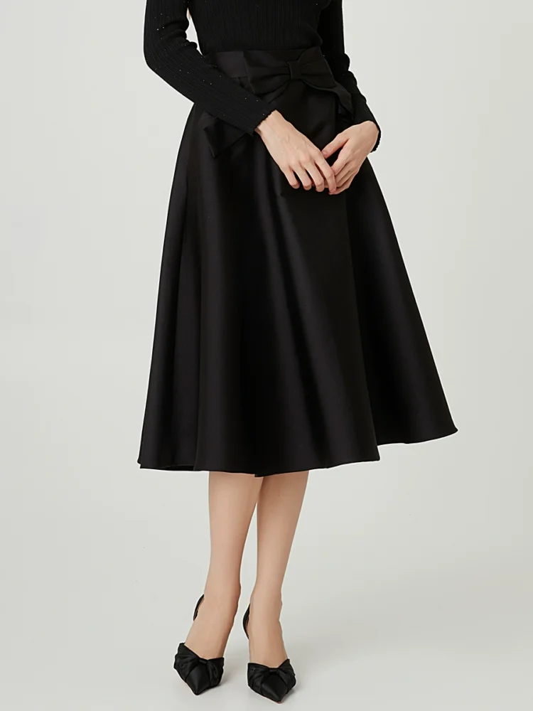 Black silk satin A-line skirt