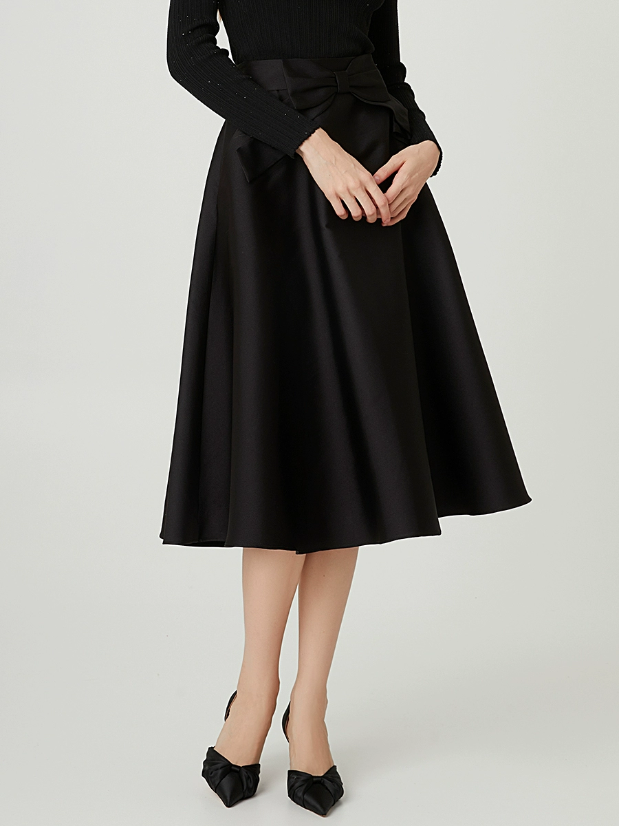Black silk satin A-line skirt